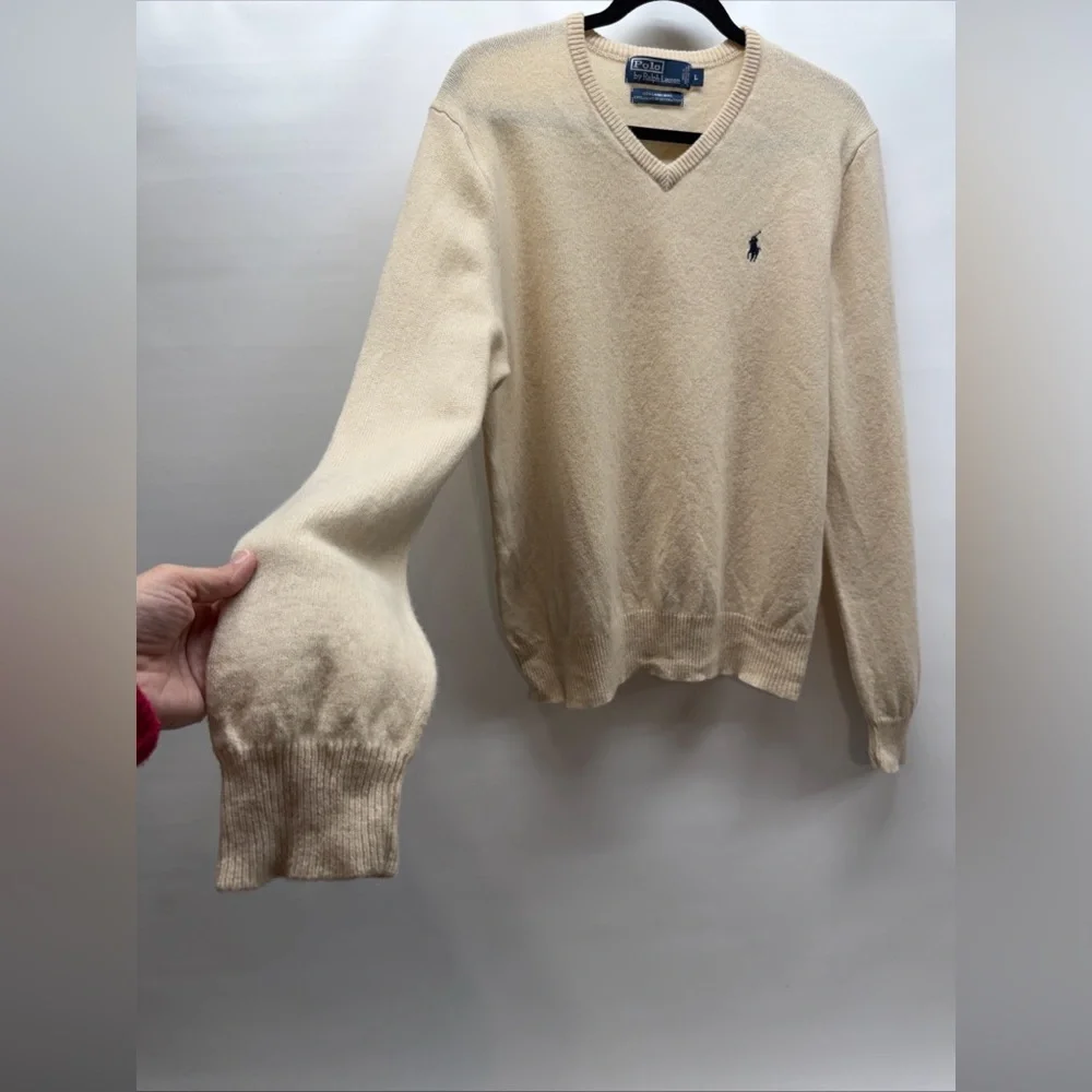 VTG Polo Ralph Lauren Sweater Mens Sz L Cream Pony 100% Italian Lambswool V-neck